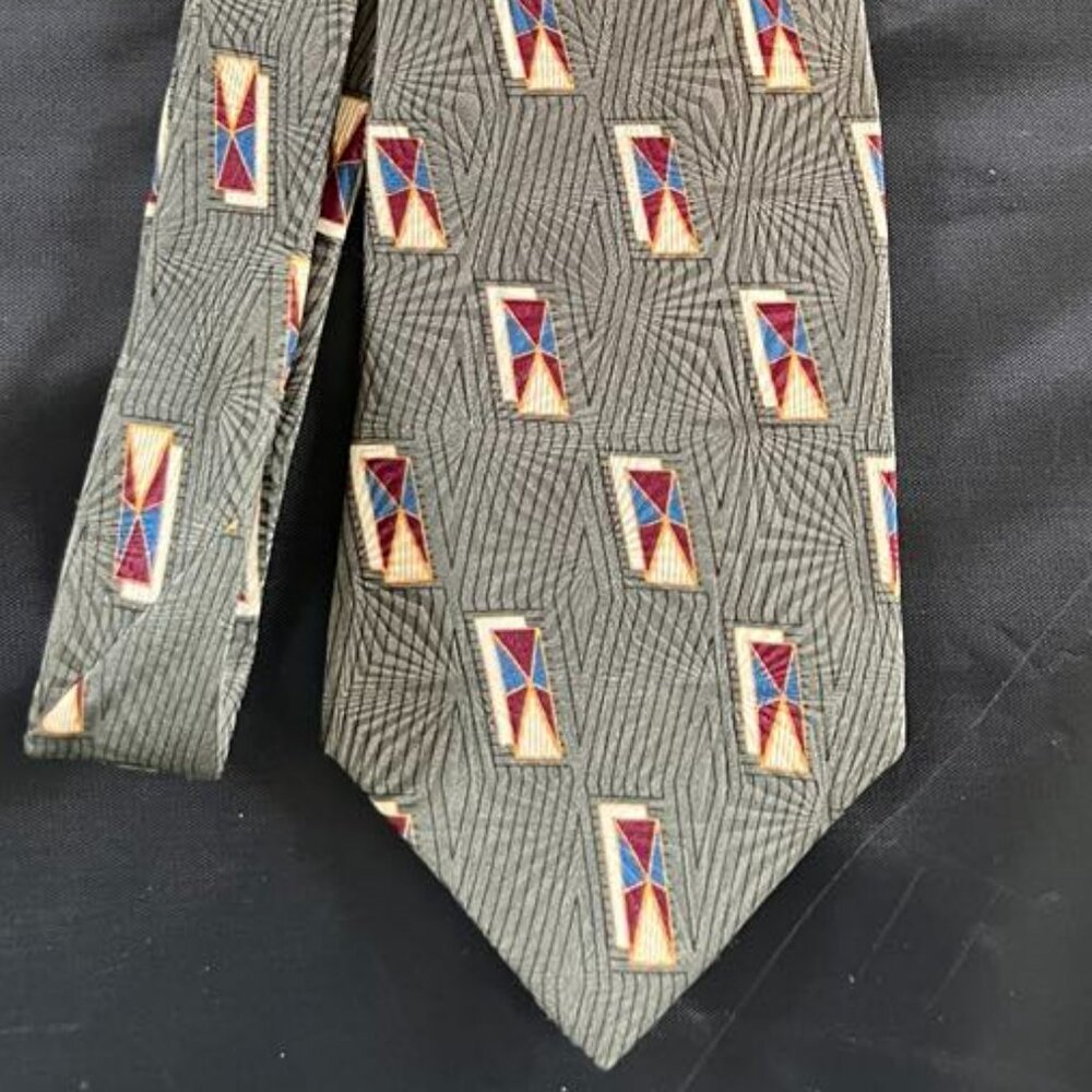 Men’s Bill Blass Black Label Silk Tie – Charcoal Gray with Burgundy, Teal, Cream